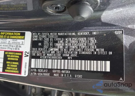 2009 Toyota Venza Base V6 z USA, uszkodzony, nr VIN 4T3ZK11A59U002804